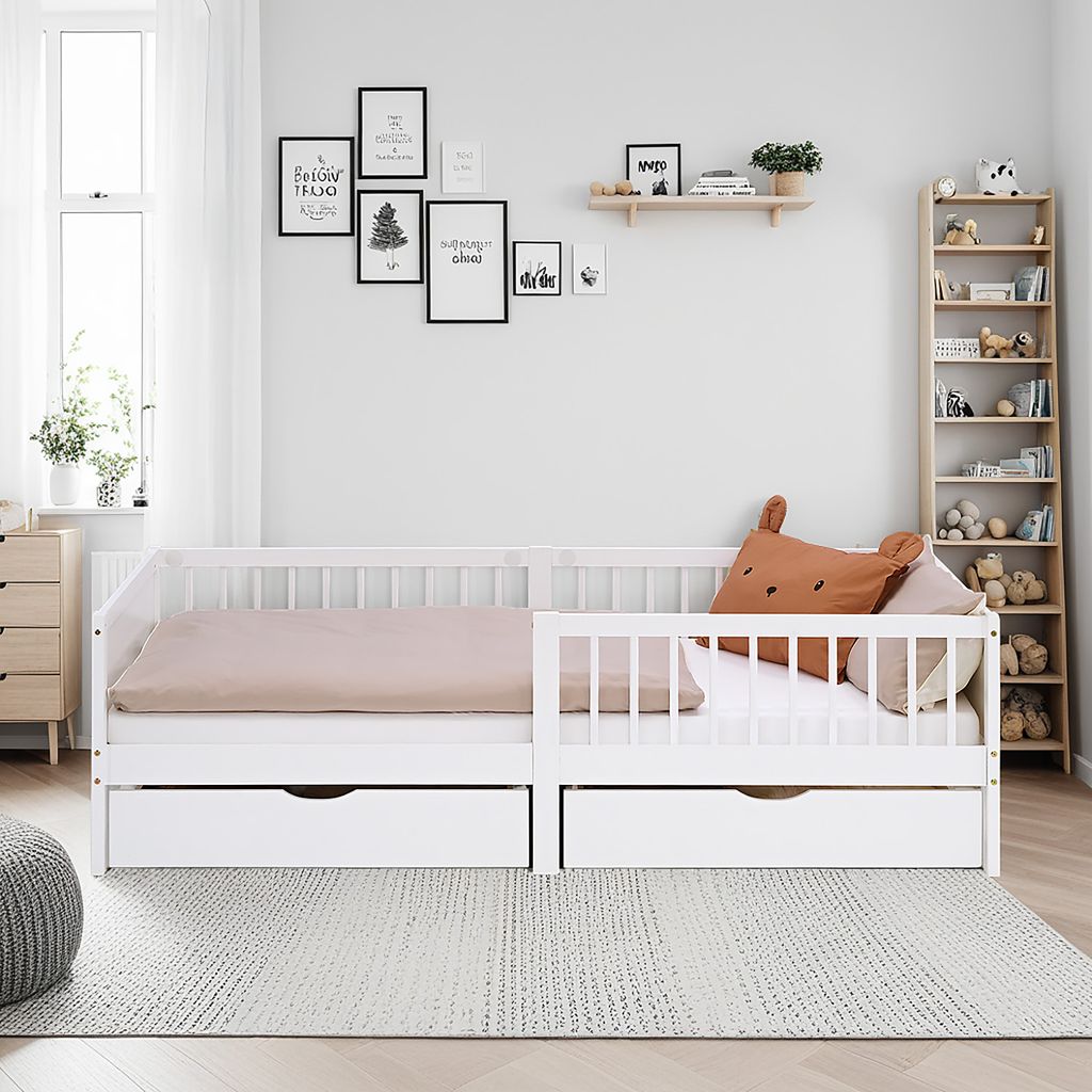 Homestyle4u Kinderbett 90x200 mit Matratze 2 Bettkästen Lattenrost und Rausfallschutz Weiß