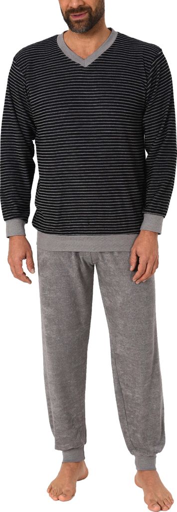 Lässiger Herren Frottee Pyjama langarm mit Bündchen in Ringel - Optik - 291 101 13 784 ; schwarz , 52