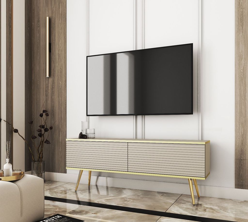 TV-Schrank ORO MDF 135 Beige/ Kaschmir geriffelte Fronten + Gold mit Goldene Füße TV-Lowboard Fernsehtisch