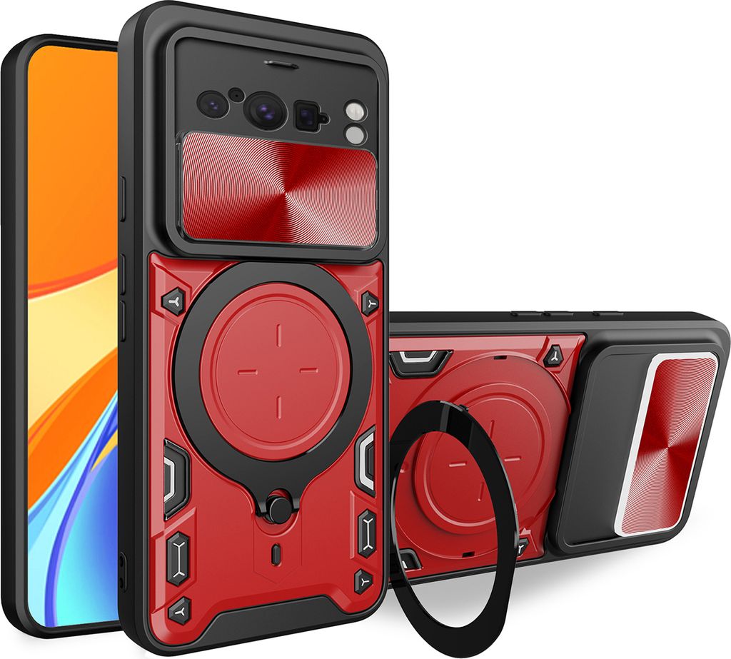 Handyhülle für Google Pixel 8 Pro Dual-Layer Stoßfest Rüstung Hülle mit Dia Kameraschutz und Kreisförmig Ring Ständer Rot