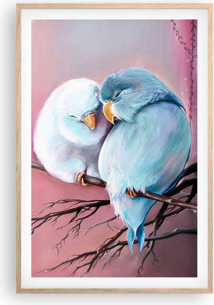 Gerahmtes Poster - Rahmen in heller Eiche - Vögel Blau Zweig - 61x91,5 cm - Wand Bild - Wanddeko - Wandbilder - Kunstposter - Wandposter - Bilderr...