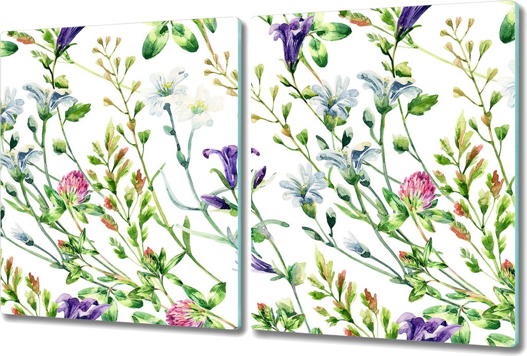 Glas-Herdabdeckplatte Glaskeramikkochfeld-Abdeckung Spritzschutz - 2x 40x52 cm - Aquarell Wildblumen