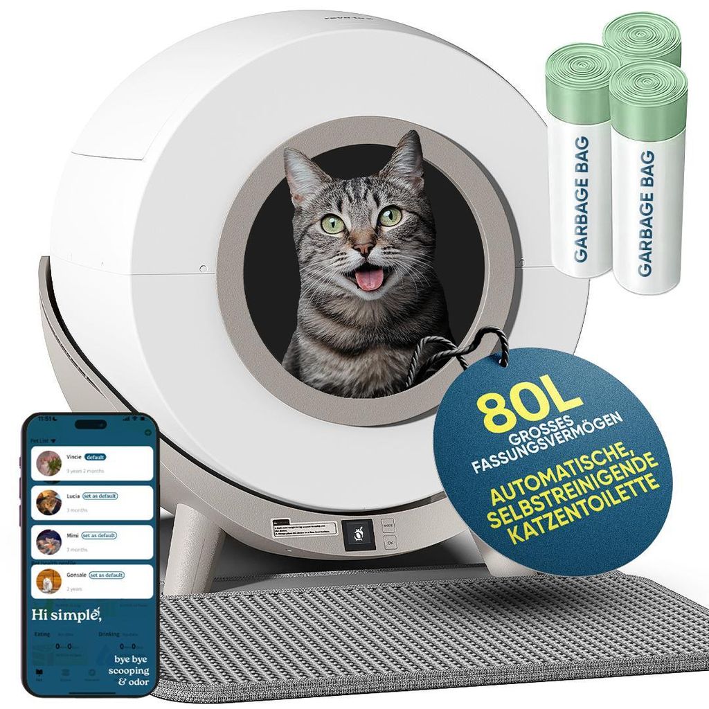 Revo-loo One - Automatische Selbstreinigende Katzentoilette mit App-Steuerung - Inklusive Streumatte und Katzenhalsbändern - 80L XXL