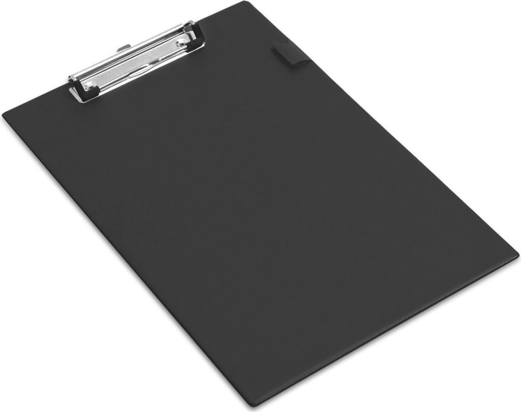 A black clipboard is shown against a white background.