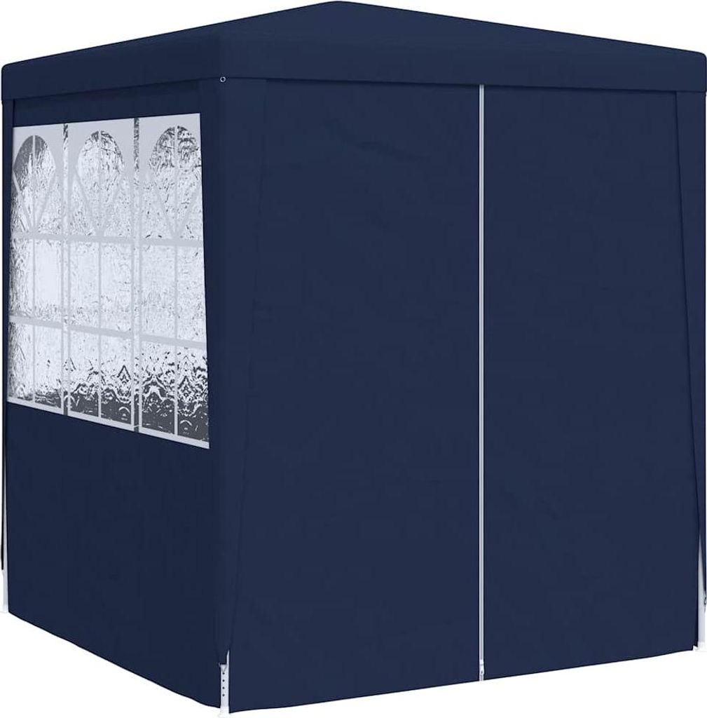 A dark blue party tent with clear windows.