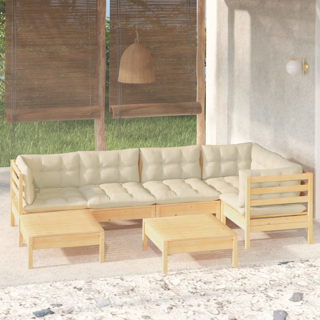 "Rabatt" 7-tlg. Garten-Lounge-Set - Wetterfestes Sitzgruppe - für 6 Personen - mit Creme Kissen Massivholz Kiefer - Lounge-Dining set CC3448