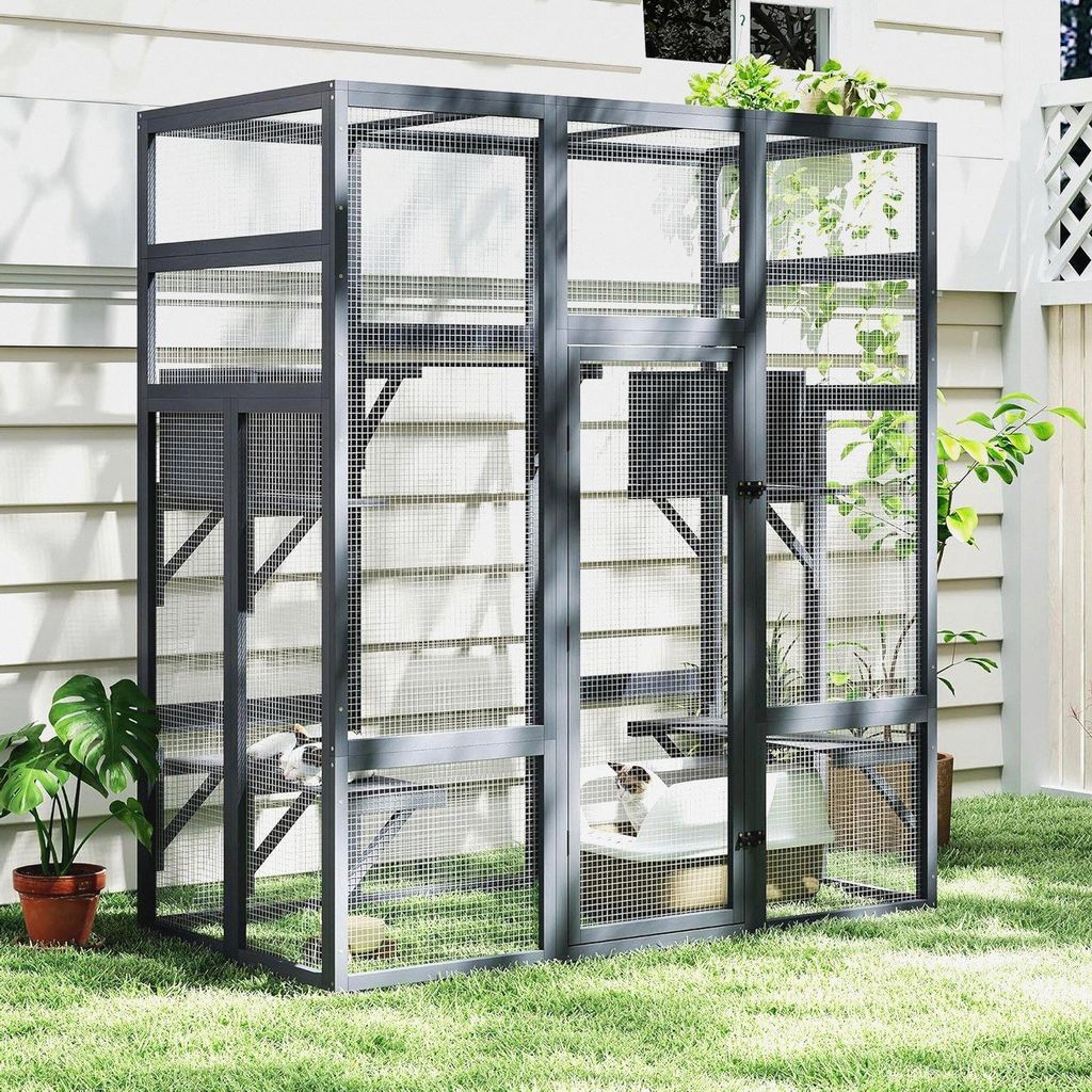 Catio Outdoor Katzengehege Katzen Großer Katzenauslauf 159 x 82 x 178cm Kitty Haus Katzenhaus mit Brücken, Spaziergänge, Kleine Häuser, Dachabd...