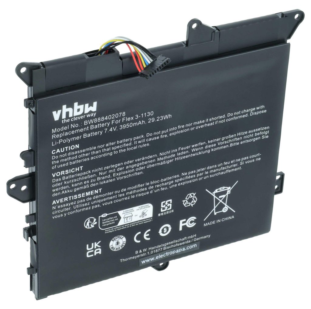 vhbw Akku kompatibel mit Lenovo IdeaPad Flex 3 1120 80LX, 1130, 1120, 1120 80LXX005US, 1120 80LX001KUS, 11 NTW Notebook (3950 mAh, 7,4 V, Li-Polymer)