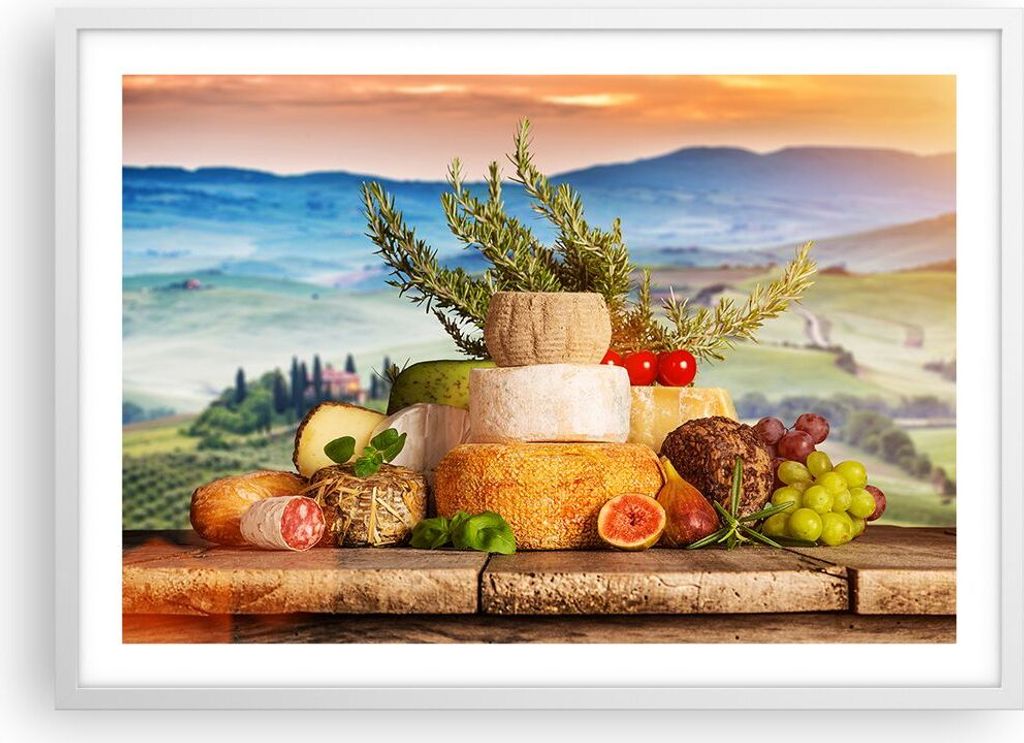 Gerahmtes Poster - Weißer Rahmen - Toskana Käse Obst Italien - 70x50 cm - Wand Bild - Wanddeko - Wandbilder - Kunstposter - Wandposter - Bilderra...