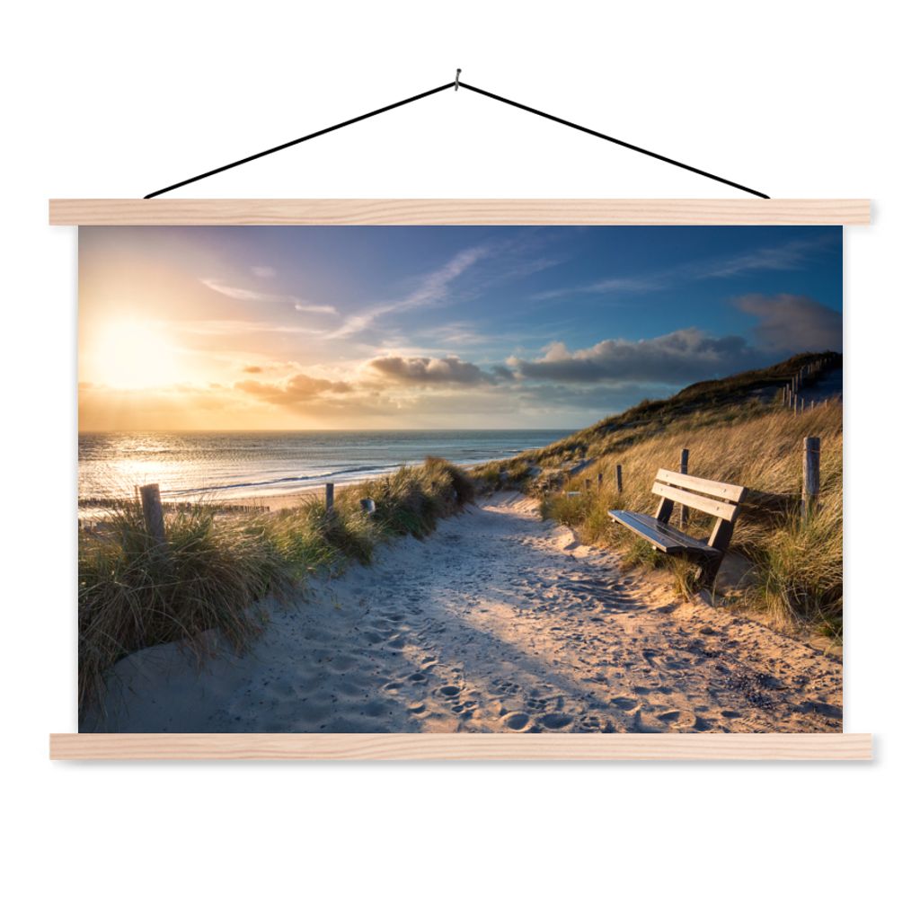 MuchoWow Textilposter Sonnenuntergang - Strand - Düne - Gras - Bank 60x40 cm mit holzfarbenen Rahmen - Bilder