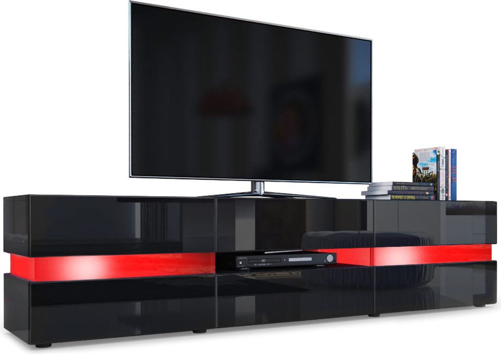 Vladon Lowboard Flow, Germany, TV-Kommode mit Ambient Light Verglasung mit 2 Türen, 1 Schublade und 1 Klappe, Schwarz Hochglanz/Schwarz Hochglanz...
