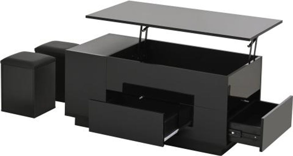 Couchtisch 100x50x45cm 4-in-1 hoehenverstellbar LED 2 Schubladen Hochglanz Schwarz Hockern Stauraum bis 50kg kaffeetisch Sofatisch Multifunktionsmo...