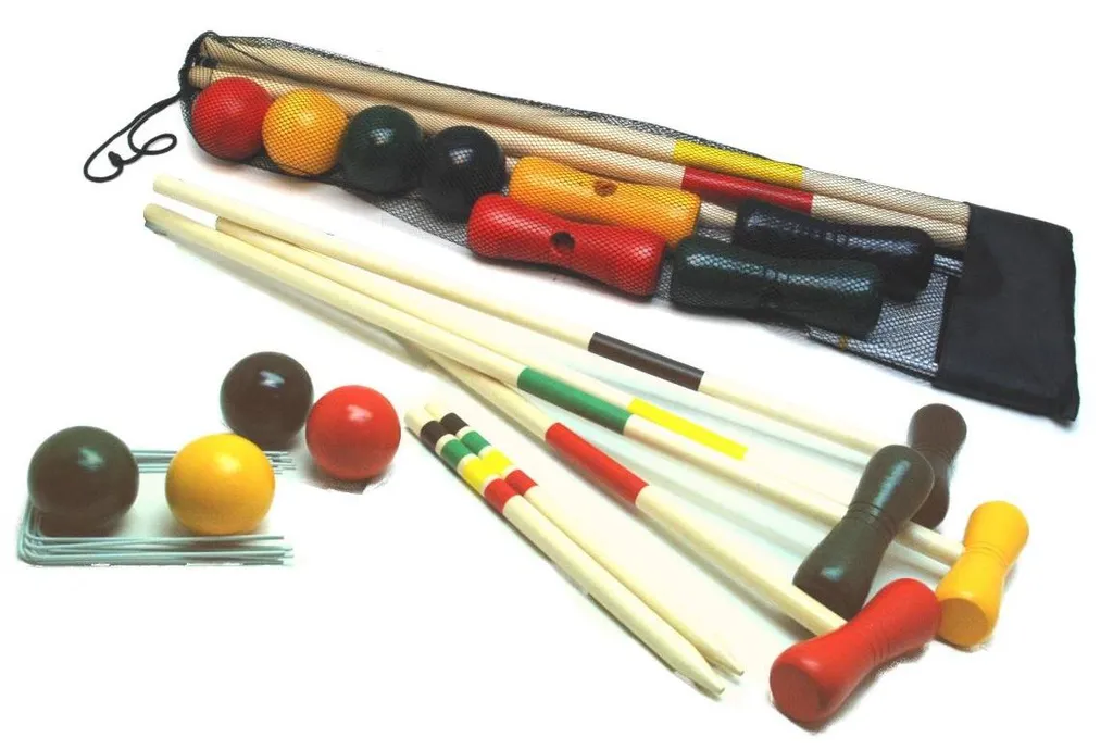 Jeu de Croquet en Bois Massif 80 cm avec Filet de Rangement 4 Joueurs