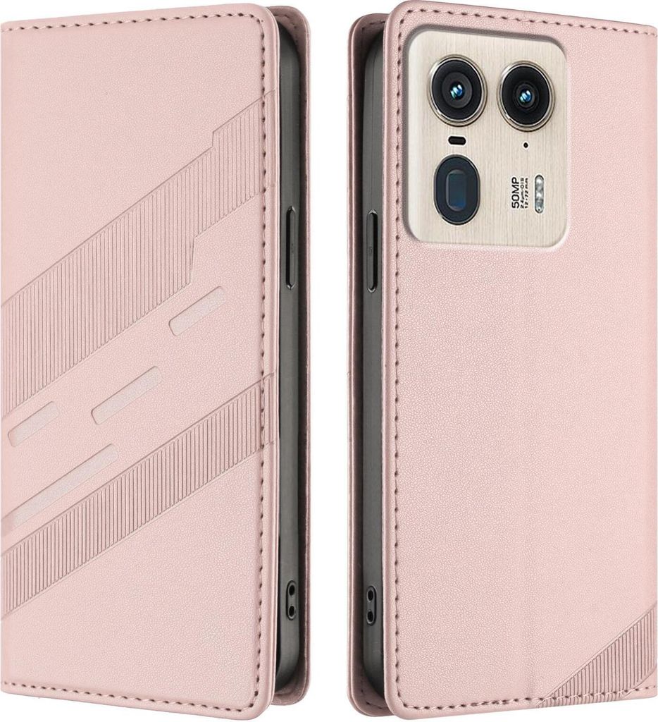 Hülle für Motorola Edge 50 Ultra - Phonesta Embossed Lines Book Wallet Klapphülle - Rosa
