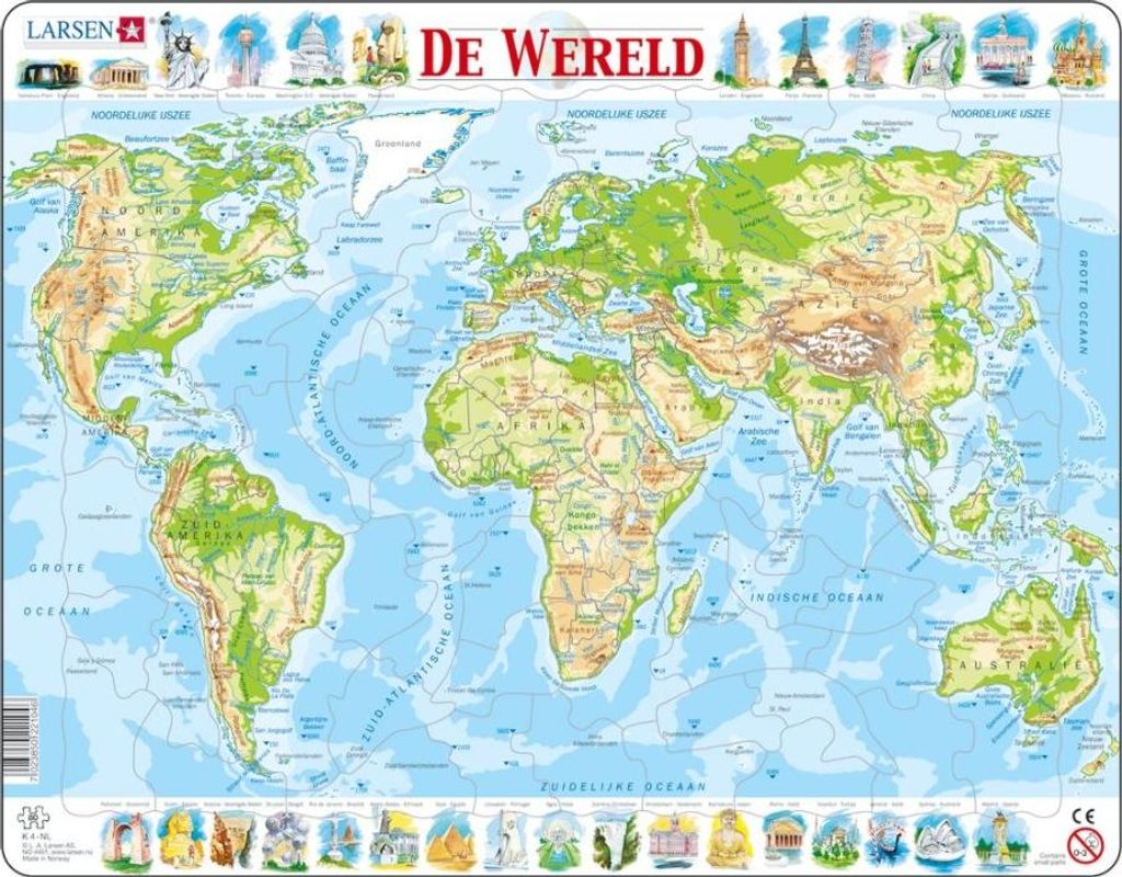 Larsen Rahmenpuzzle Weltkarte lehrreich - 80 Teile Karton