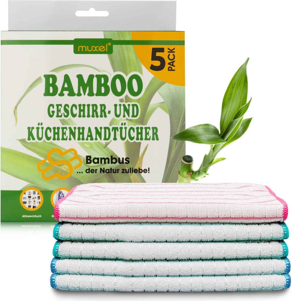MUXEL Bambus Tücher - 5x Bambus Geschirrtücher - Extra saugfähiges Putztuch - Weiche Bambuslappen zum Polieren, Abtrocknen & Wischen - Nachhalti...