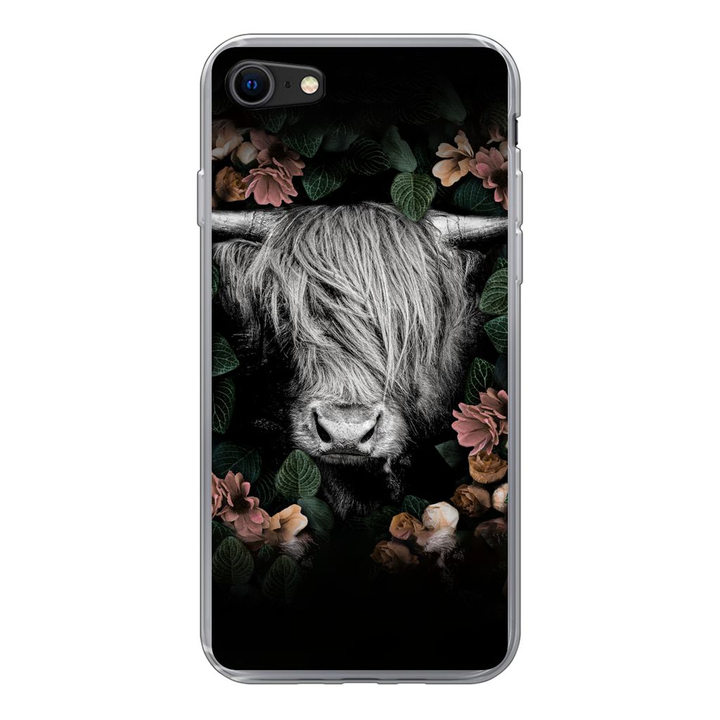 MuchoWow Handyhülle Schutzhülle Hülle für iPhone SE 2020 Schottischer Highlander - Blumen - Rosa Silikon Softcase Handy Hülle - Kartenbesitzer