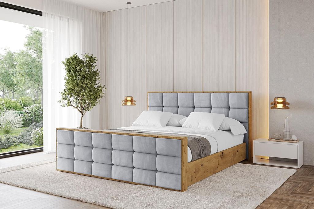 ALTDECOR Polsterbett mit Bettkasten - ENZO2-Z - 180x200 Hellgrau- Bett mit Kopfteil und Fußteil, Boxbett ohne Matratze, Doppelbett mit Stauraum