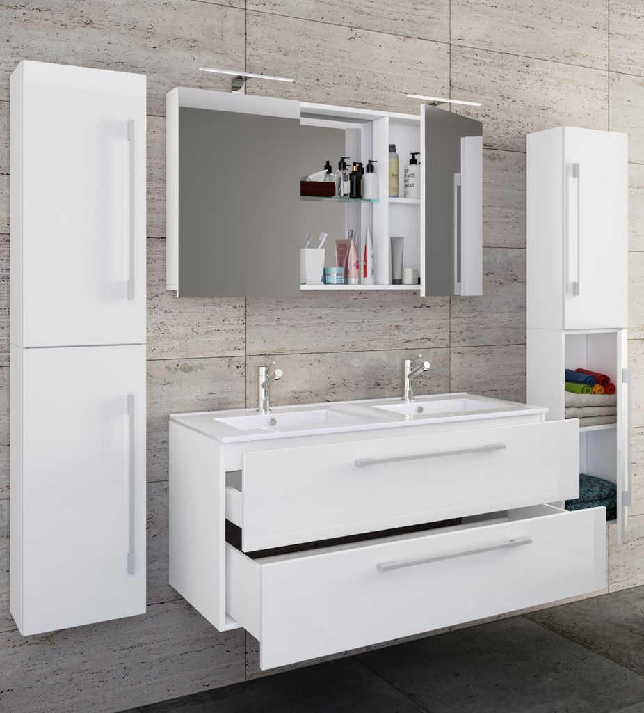 VCM 5-tlg. Doppel Waschplatz | 2x Waschtisch | Badmöbel Set mit Unterschrank, Waschbecken, 2x Hochschrank und Spiegelschrank | Doppelwaschbecken |...