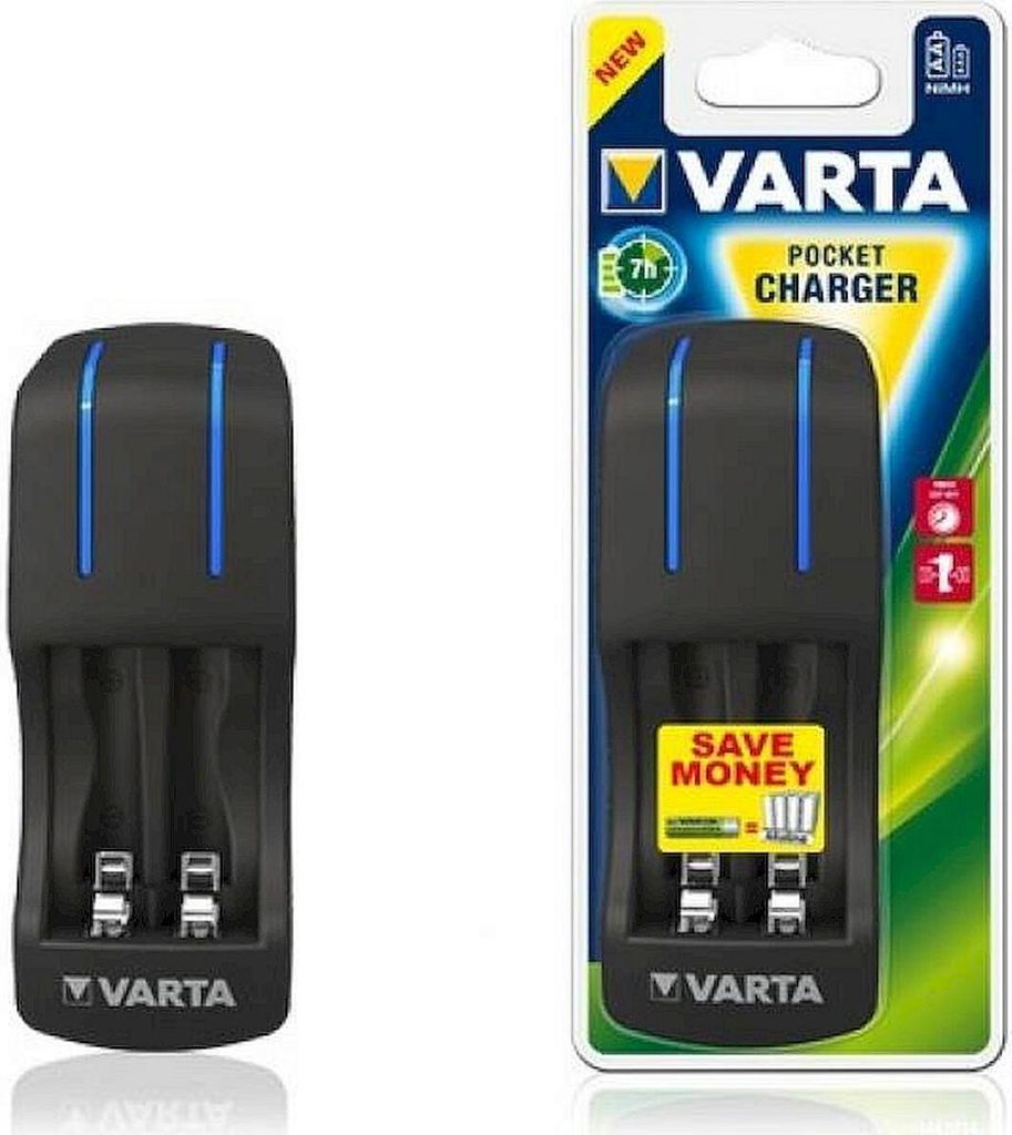 A VARTA Pocket Charger battery charger is shown in its retail packaging next to a standalone product shot.