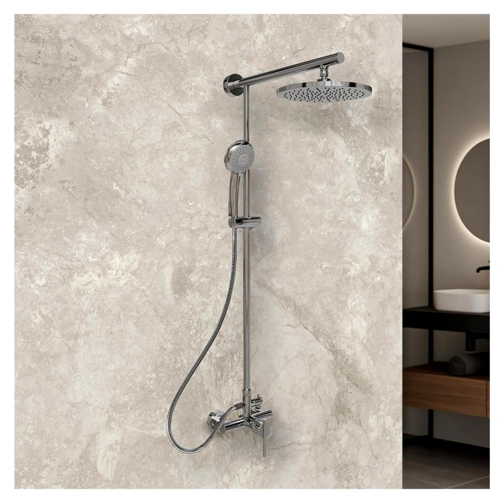 Duschsystem mit Regendusche, Einhebelmischer und runder Kopfbrause in Chrom