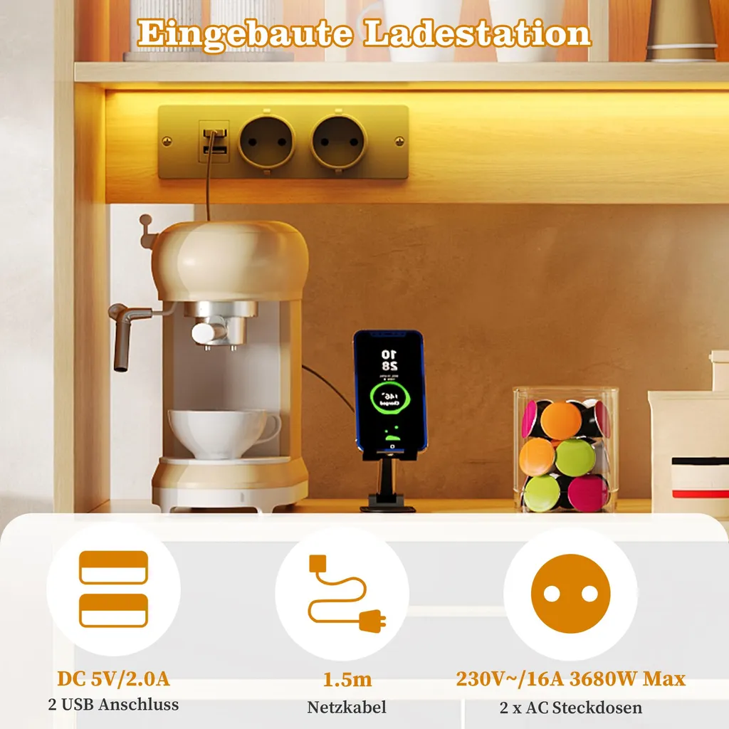Buffet de Cuisine Noir avec Vitrine LED et Prises Secteur Intégrées - 9