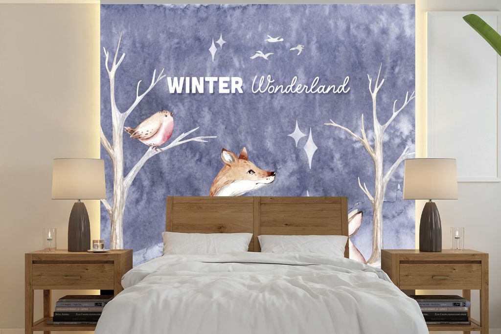 MuchoWow Fototapete für Wohnzimmer oder Schlafzimmer Wandtapete Vinyl Motivtapete Winter - Schnee - Fuchs - 280x280 cm - Hintergrundbild