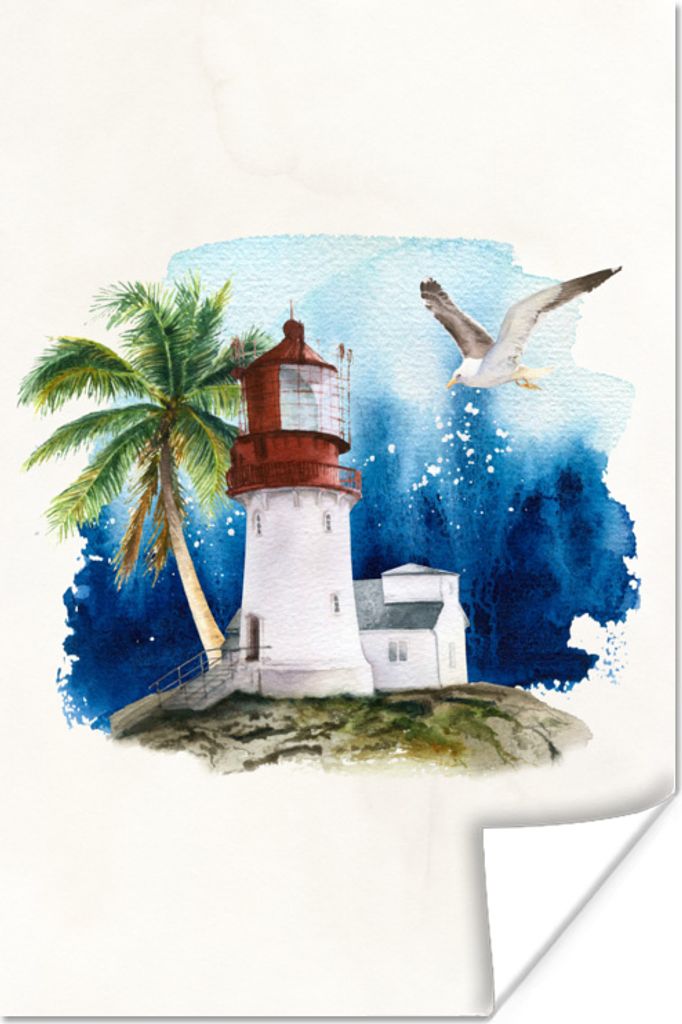 MuchoWow Poster Aquarell - Leuchtturm - Palme 20x30 cm - Papierdruck
