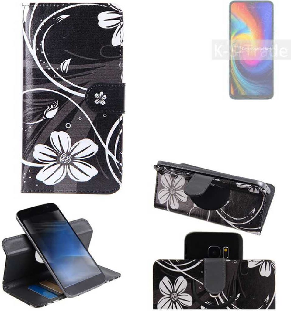 K-S-Trade Schutzhülle Handyhülle kompatibel mit UMIDIGI F3 Hülle 360° Wallet Case ''Flowers'' Klapphülle Hülle schwarz-weiß 1x
