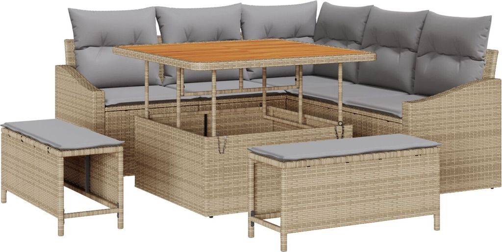 Möbel 8-teiliges Garten Sofa Set mit Kissen Beige Poly Rattan Akazie, 2-Sitzer Garten Sofa mit Kissen Beige Poly Rattan, 3-teiliges Garten Esstisc...