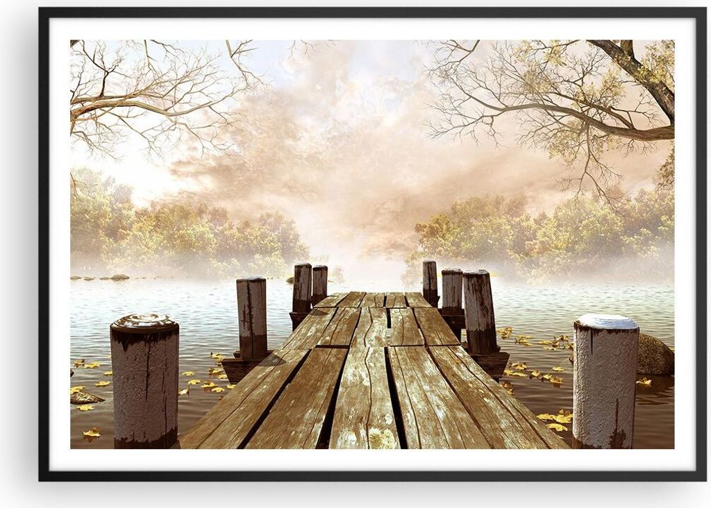 Gerahmtes Poster - Schwarzer Rahmen - Illustration herbst landschaft bäume - 100x70 cm - Wand Bild - Wanddeko - Wandbilder - Wandposter - Bilderra...