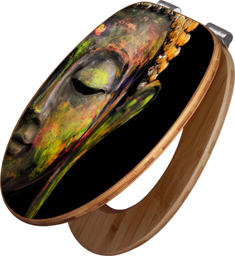 banjado Design WC Sitz Bambus Absenkautomatik - Bunter Buddha - Toilettendeckel mit Absenkautomatik Holz/hochwertiger Bambus Klodeckel/WC-Sitz für...