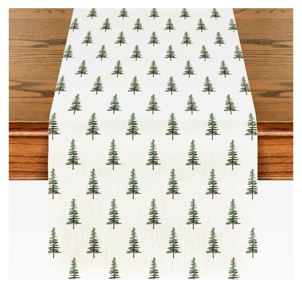 Grüner Weihnachts-Tischläufer mit Bäumen, Winterliche Tischdekoration für Küche und Feiertage, 40x140 cm