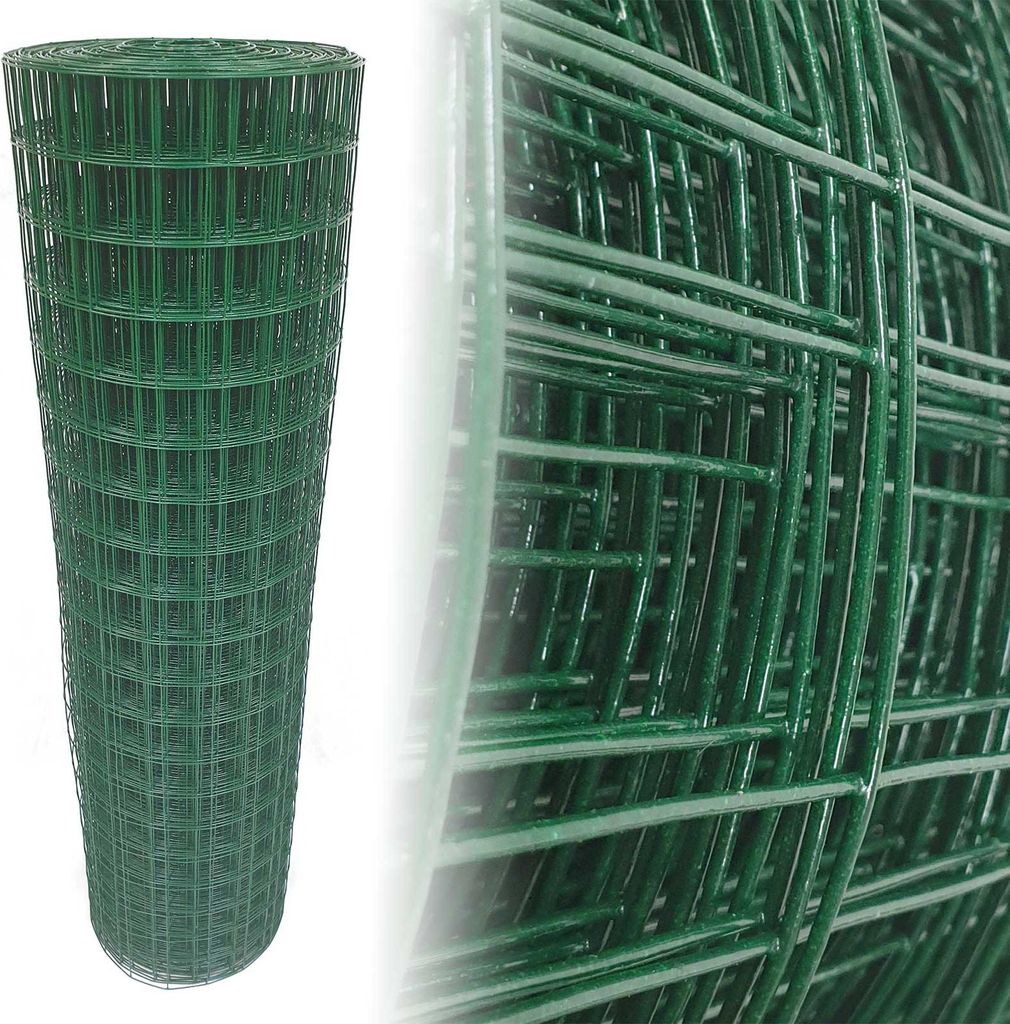 A roll of green wire mesh fencing is shown against a white background, with a close-up view of the mesh on the right side.
