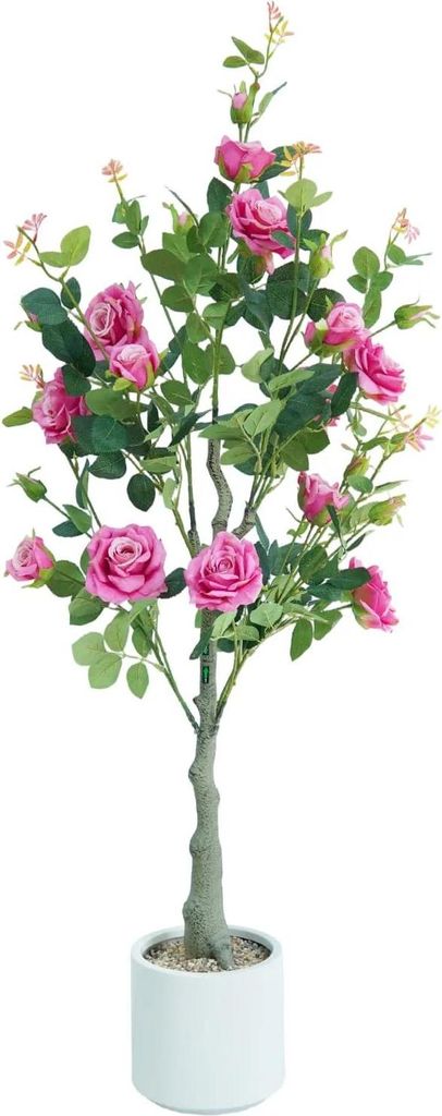 Künstlicher Rosenbaum - Bodenstehende Kunstpflanze 120 cm - Realistische Blüten - Grüne Blätter - Für Außenbereich - PVC - Tiefrosa