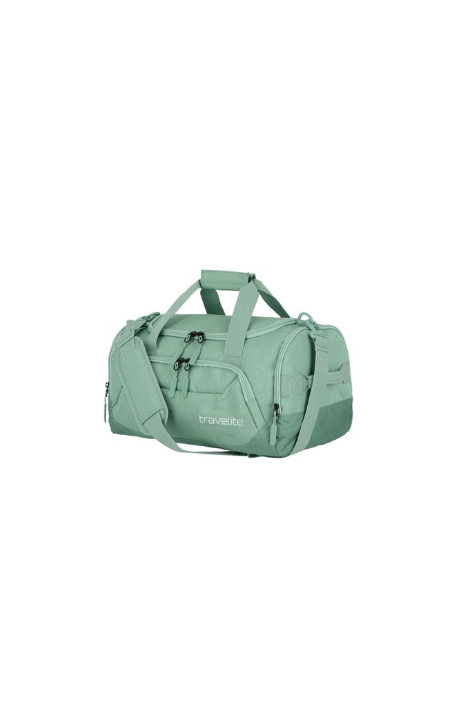 A green duffel bag is shown against a white background.