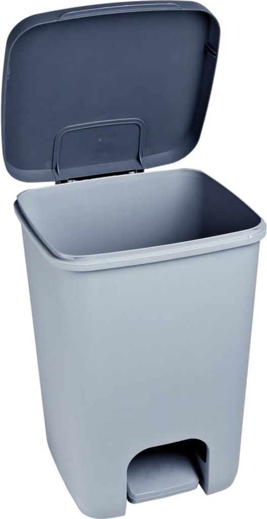 A light gray pedal trash can with its lid open, shown against a white background.