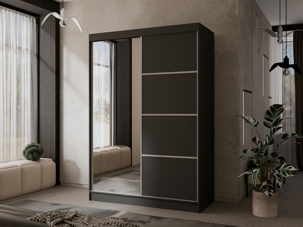 Modern Kleiderschrank mit Spiegel Matteo I 120 cm Spiegelschrank mit 2 Schiebetüren weiß Schrank Garderobenschrank, Farbe: Schwarz, silberne Alum...