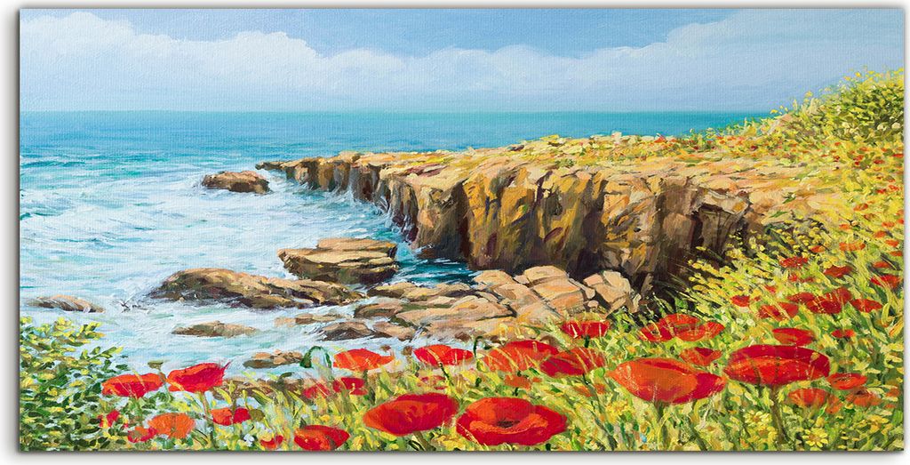 Coloray - Glasbild - 100x50 cm - Wandbild - Glasbilder - Foto Cliff Mohnblumen Sommer Brise