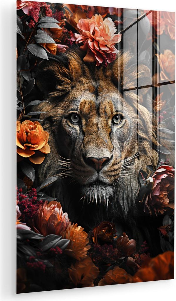 MuchoWow Glasbilder - Bilder auf Wandbild - Foto auf Glas Löwe - Tier - Natur - Floral - Botanisch 80x120 cm Wanddekoration aus Glas - Acrylglasbi...