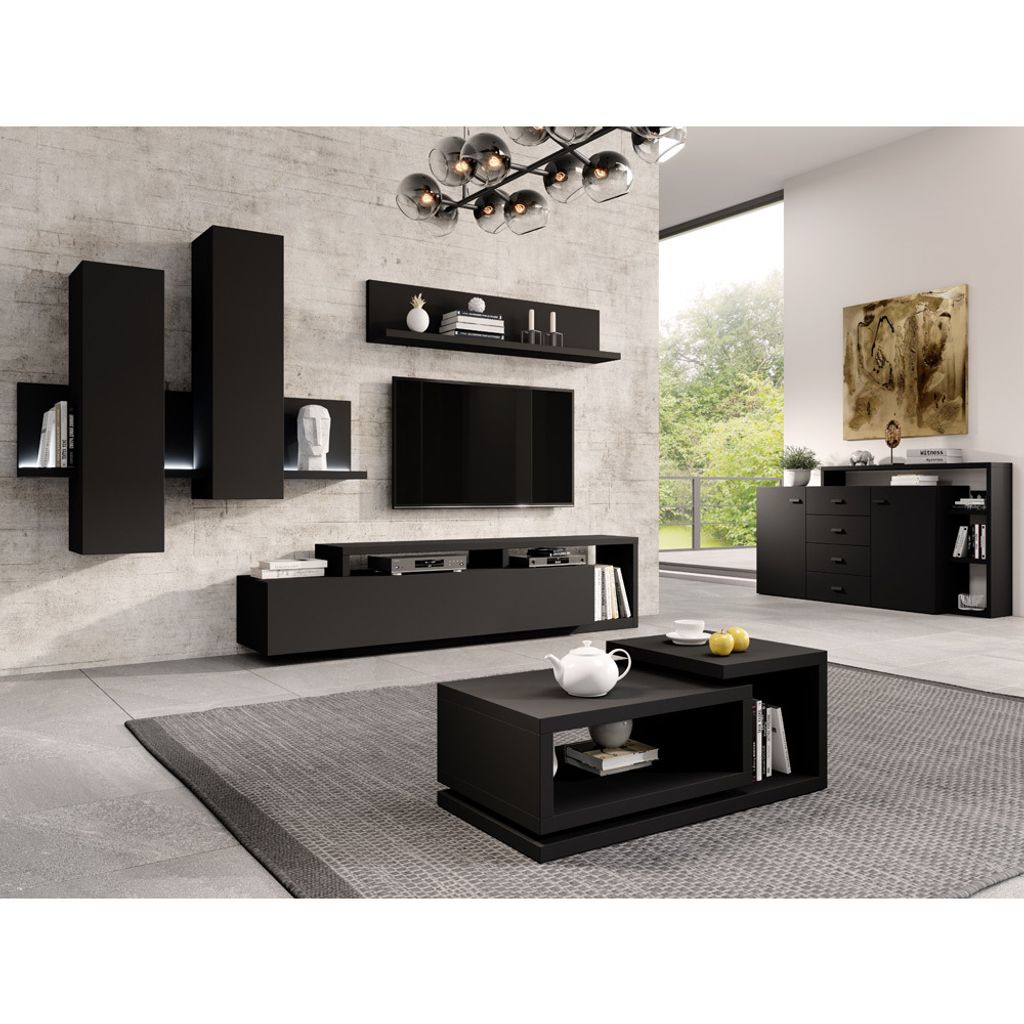 Wohnwand inkl. Sideboard Couchtisch und LED Beleuchtung BEXLEY-83 in schwarz matt, B/H/T: ca. 300/200/45 cm