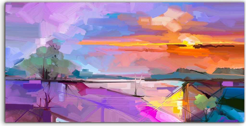 Coloray Spritzschutz aus Glas 140x70 Wandkunst Küchenrückwand Abstrakte Landschaft Bäume lila Himmel