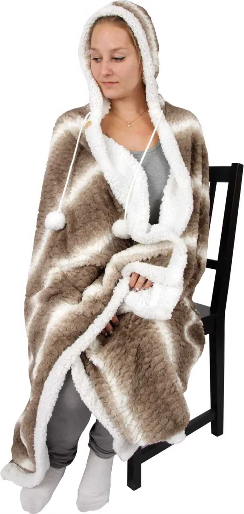 Bestlivings coperta accogliente con cappuccio 130 x 180 cm in marrone per bambini e adulti, coperta TV, coperta in sherpa con aspetto di pelliccia