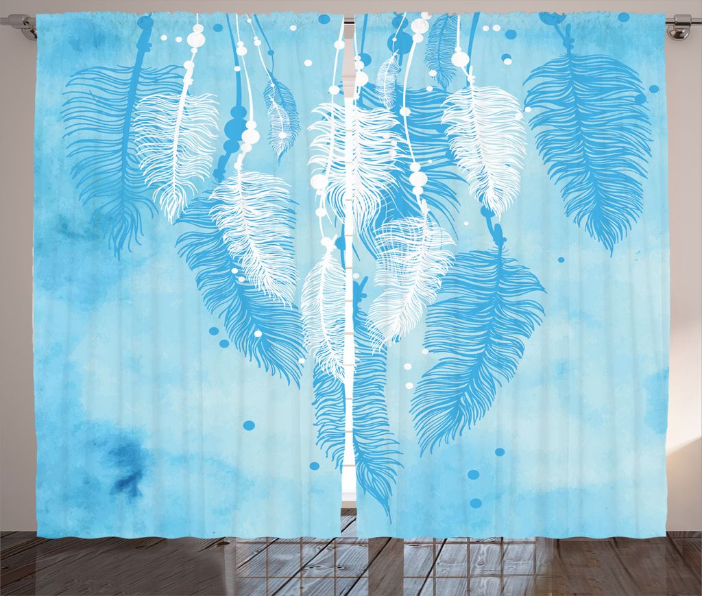 ABAKUHAUS aztekisch Rustikaler Gardine, Ethnische Boho Feder, Schlafzimmer Kräuselband Vorhang mit Schlaufen und Haken, 280 x 225 cm, Blau Weiss