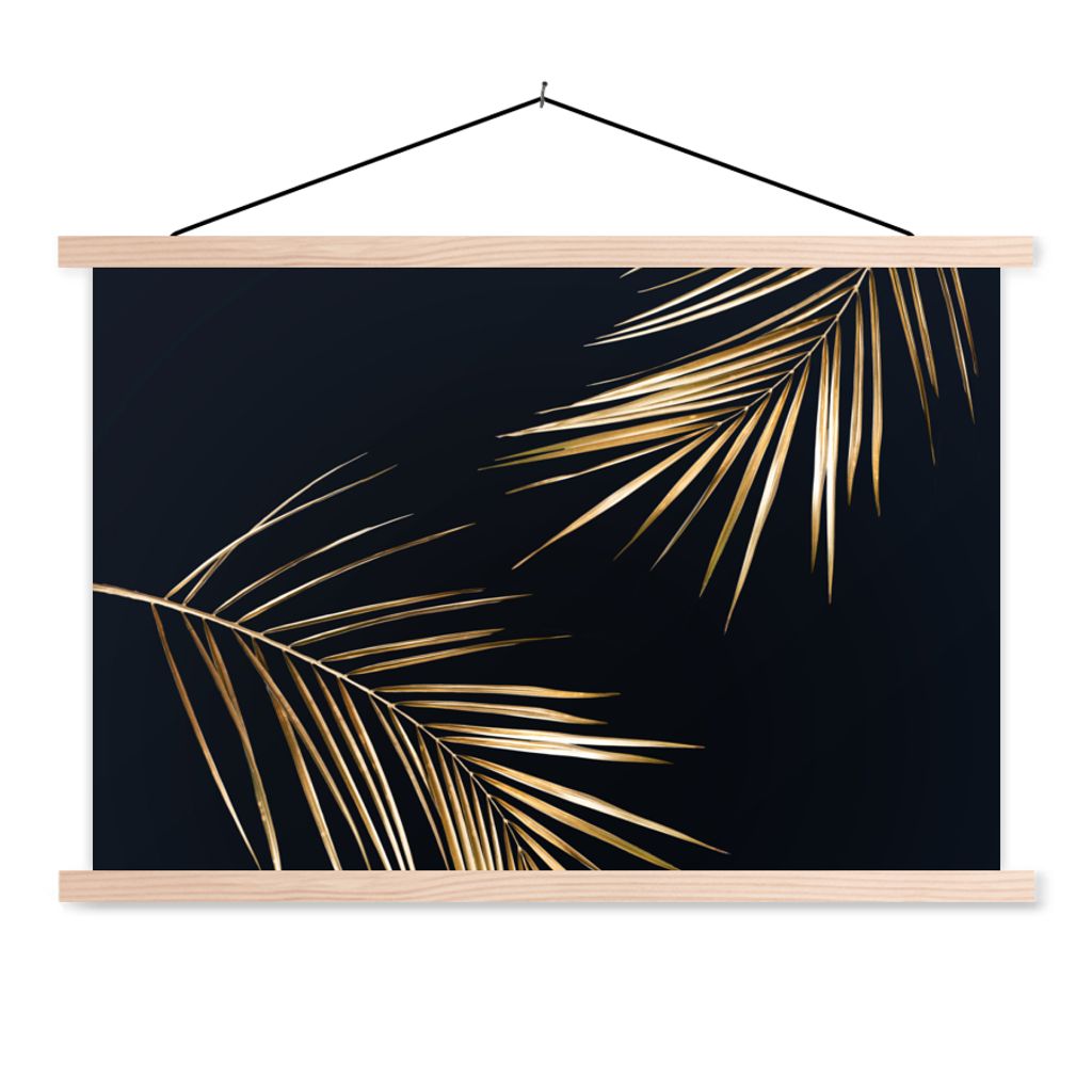 MuchoWow Textilposter Blätter - Pflanzen - Gold - Schwarz - Luxus 120x80 cm mit holzfarbenen Rahmen - Aufhängeset