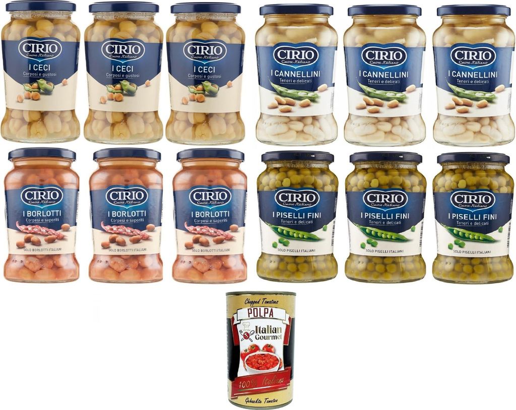 Cirio Testpaket Ceci,Borlotti,Cannellini,Piselli fini-Kichererbsen, Borlottibohnen, Cannellinibohnen, Feine Erbsen 12x370gr+ Italian Gourmet polpa ...