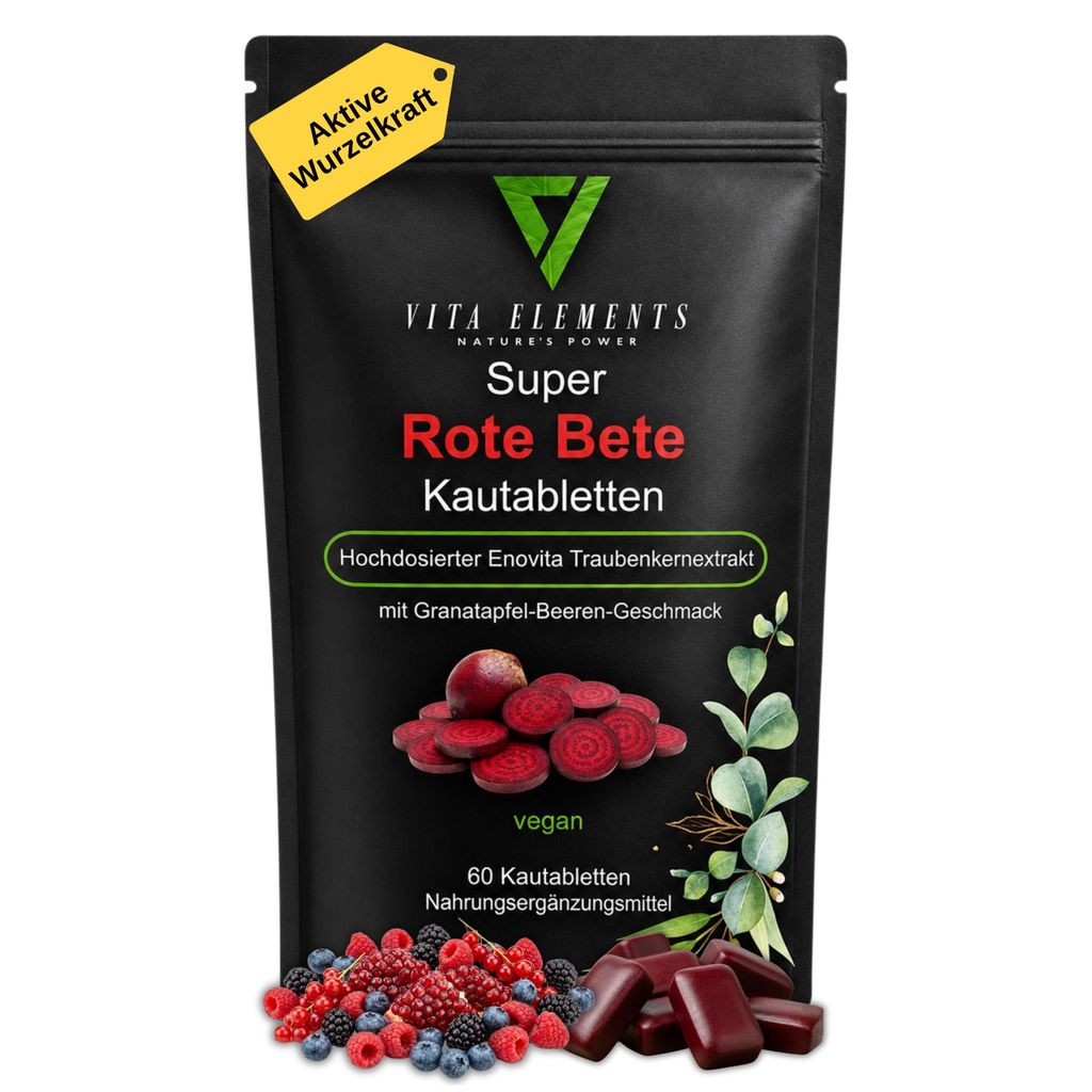 Vita Elements Rote-Bete Kautabletten 60 Stk – 500 mg Rote Bete, Traubenkernextrakt, vegan