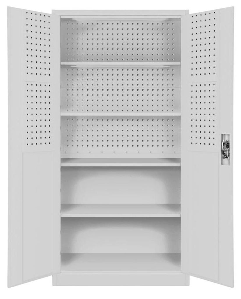 Werkzeugschrank mit Lochwand BRUNO 5 Ebenen Abschließbar | Metallschrank mit Werkzeugwand Werkstattschrank Perforierte Rückwand 185x92x50cm Grau