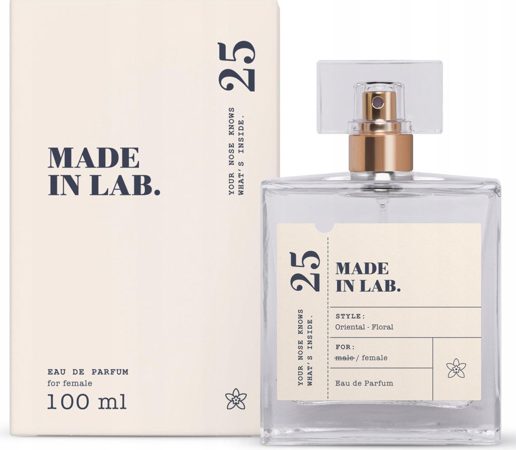 A bottle of perfume and its packaging are displayed on a white background.