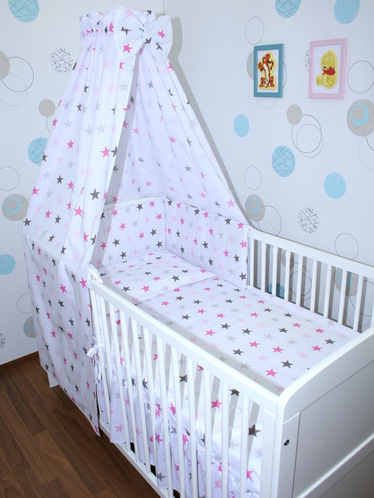 Primawela Baby Bettwäsche Set- 6 teiliges Set mit Vollstoff Himmel Bettset Nestchen 13. Star Rosa
